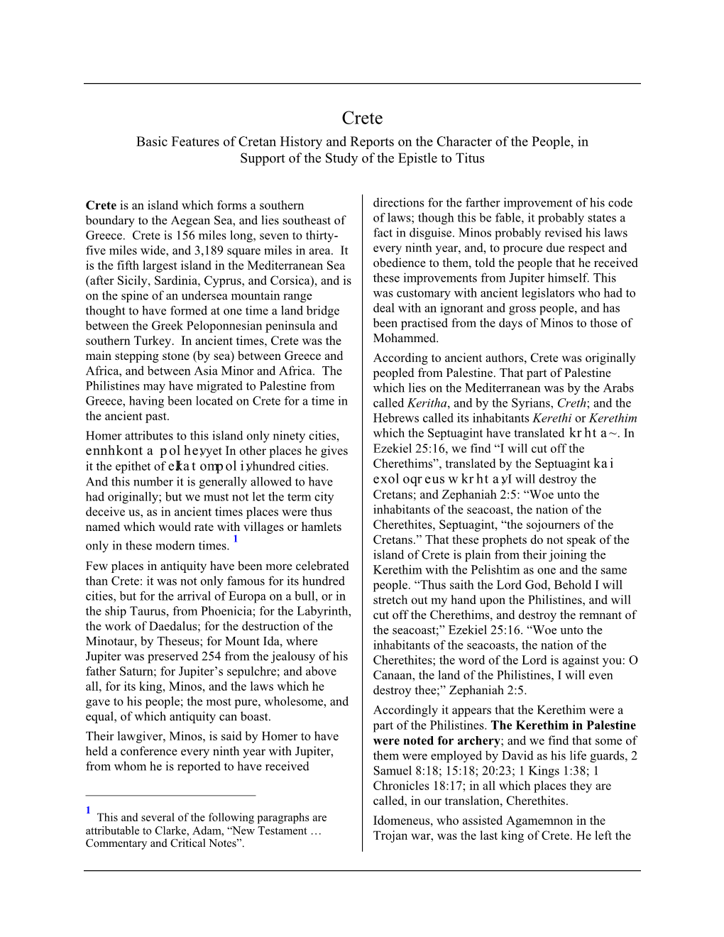 Crete Basic Features of Cretan History and Reports on the Character of the People, in Support of the Study of the Epistle to Titus