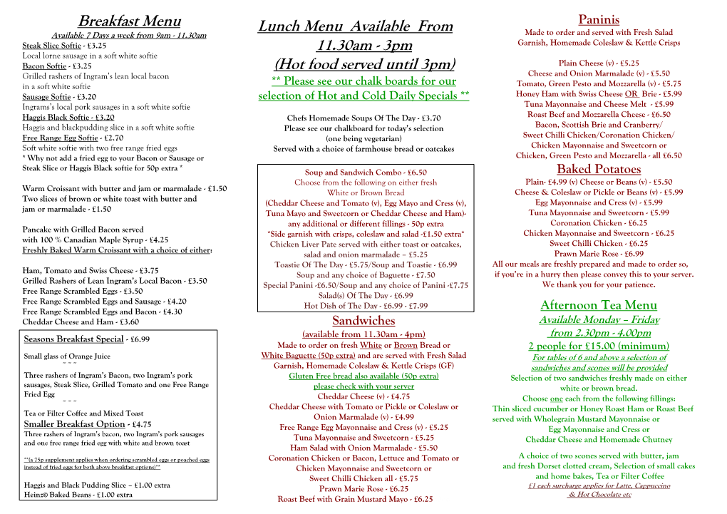 Lunch Menu Available from 11.30Am