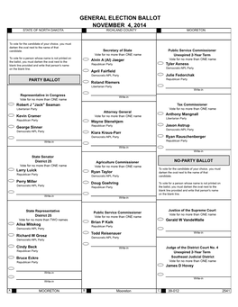 General Election Ballot November 4, 2014 State of North Dakota Richland County Mooreton