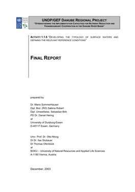 Final Report: Developing the Typology of Surface Waters and Defining the Relevant Reference Conditions