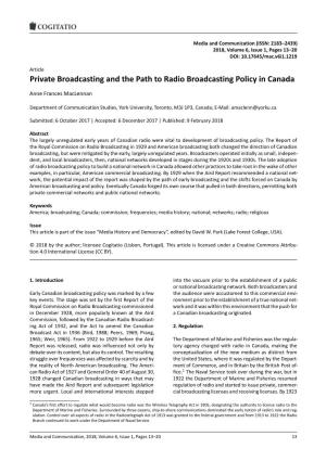 Private Broadcasting and the Path to Radio Broadcasting Policy in Canada
