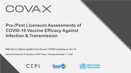 Pre-/Post Licensure Assessments of COVID-19 Vaccine Efficacy Against Infection & Transmission