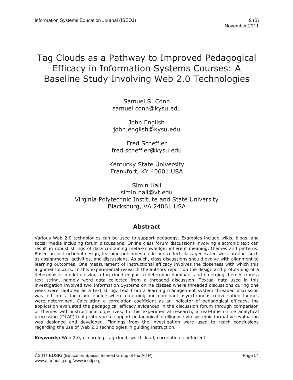 Tag Clouds As a Pathway to Improved Pedagogical Efficacy in Information Systems Courses: a Baseline Study Involving Web 2.0 Technologies