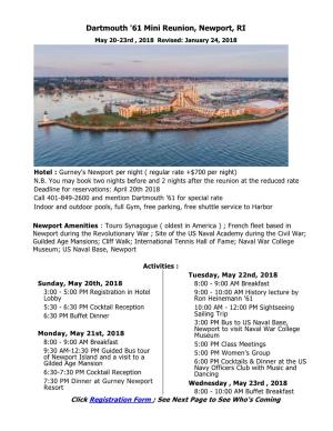 Dartmouth '61 Mini Reunion, Newport, RI May 20-23Rd , 2018 Revised: January 24, 2018