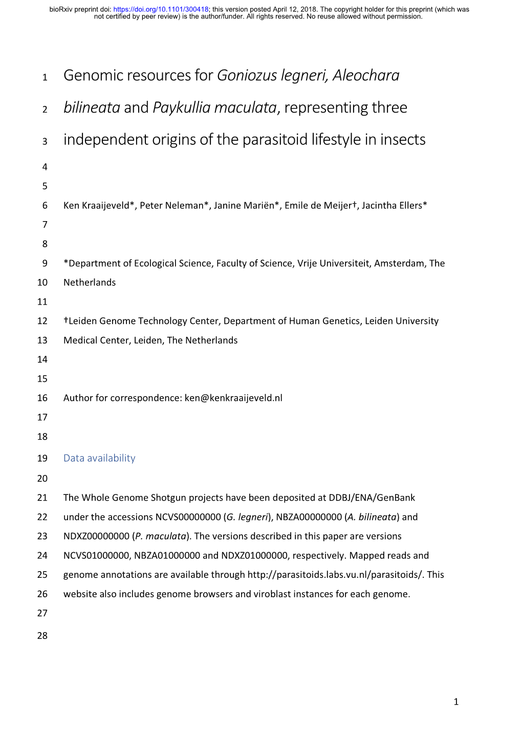 Genomic Resources for Goniozus Legneri, Aleochara