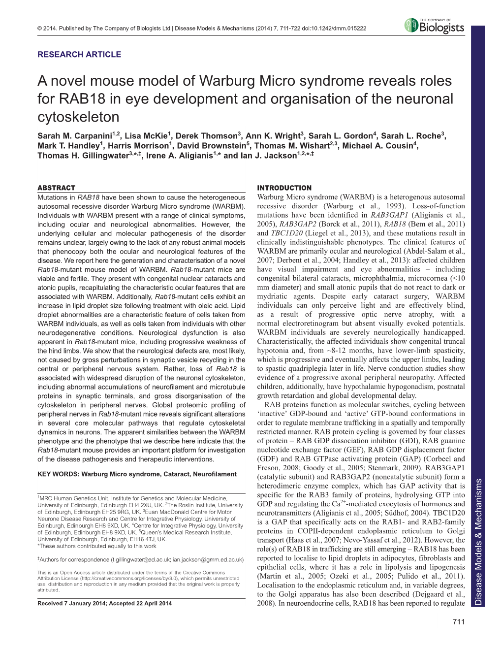 A Novel Mouse Model of Warburg Micro Syndrome Reveals Roles for RAB18 in Eye Development and Organisation of the Neuronal Cytoskeleton Sarah M