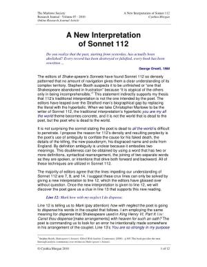 A New Interpretation of Sonnet 112 Research Journal - Volume 07 - 2010 Cynthia Morgan Online Research Journal Article