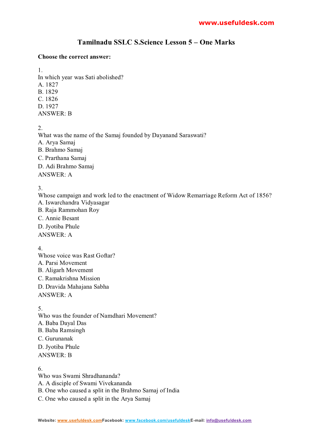 Tamilnadu SSLC S.Science Lesson 5 – One Marks