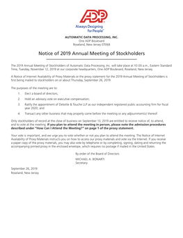 Notice of 2019 Annual Meeting of Stockholders