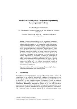 Method of Paradigmatic Analysis of Programming Languages and Systems