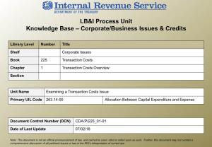 LB&I Process Unit Knowledge Base – Corporate/Business Issues & Credits