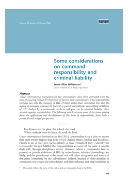 Some Considerations on Command Responsibility and Criminal Liability Jamie Allan Williamson* Jamie A