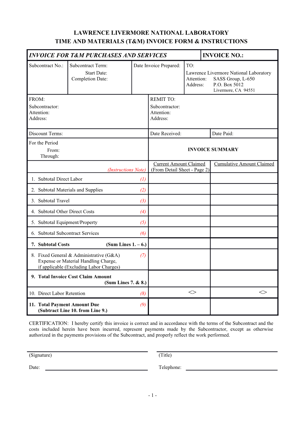 T&M Invoice Form & Instructions