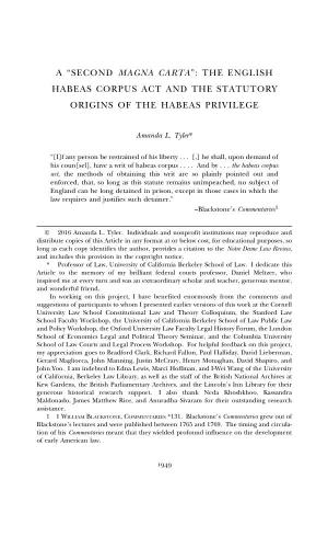 A “Second Magna Carta”: the English Habeas Corpus Act and the Statutory Origins of the Habeas Privilege