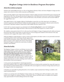 Bingham Cottage Artist-In-Residence Program Description