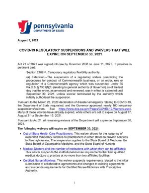 Memo About Covid-19 Regulatory Suspensions and Waivers That Will