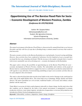 Opportimising Use of the Barotse Flood Plain for Socio – Economic Development of Western Province, Zambia (Conference ID: CFP/703/2018)