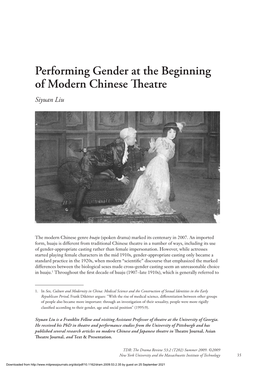Performing Gender at the Beginning of Modern Chinese Theatre Siyuan Liu