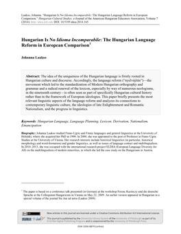 The Hungarian Language Reform in European Comparison.” Hungarian Cultural Studies