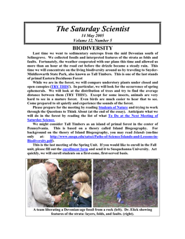 The Saturday Scientist 14 May 2005 Volume 12, Number 5 BIODIVERSITY Last Time We Went to Sedimentary Outcrops from the Mid Devonian South of Selinsgrove