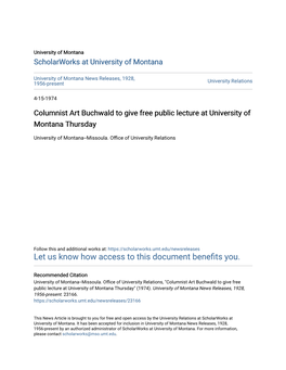 Columnist Art Buchwald to Give Free Public Lecture at University of Montana Thursday