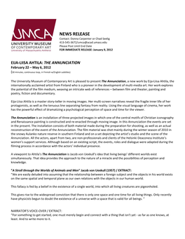 NEWS RELEASE Contact: Donna Carpenter Or Chad Seelig 413-545-3672/Umca@Acad.Umass.Edu Please Post Until End Date for IMMEDIATE RELEASE: January 9, 2012