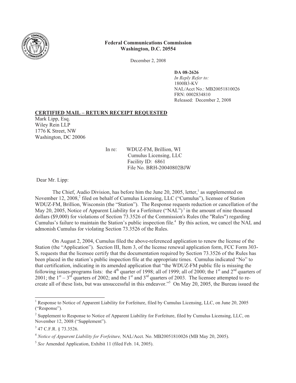 RETURN RECEIPT REQUESTED Mark Lipp, Esq. Wiley Rein LLP 1776 K Street, NW Washington, DC 20006