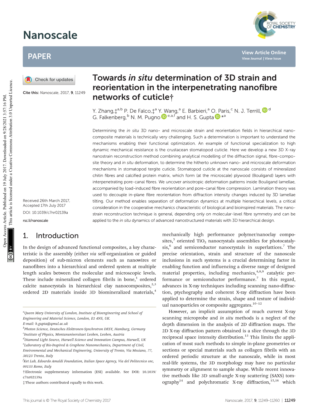 Towards in Situ Determination of 3D Strain and Reorientation in the Interpenetrating Nanoﬁbre Cite This: Nanoscale, 2017, 9, 11249 Networks of Cuticle†