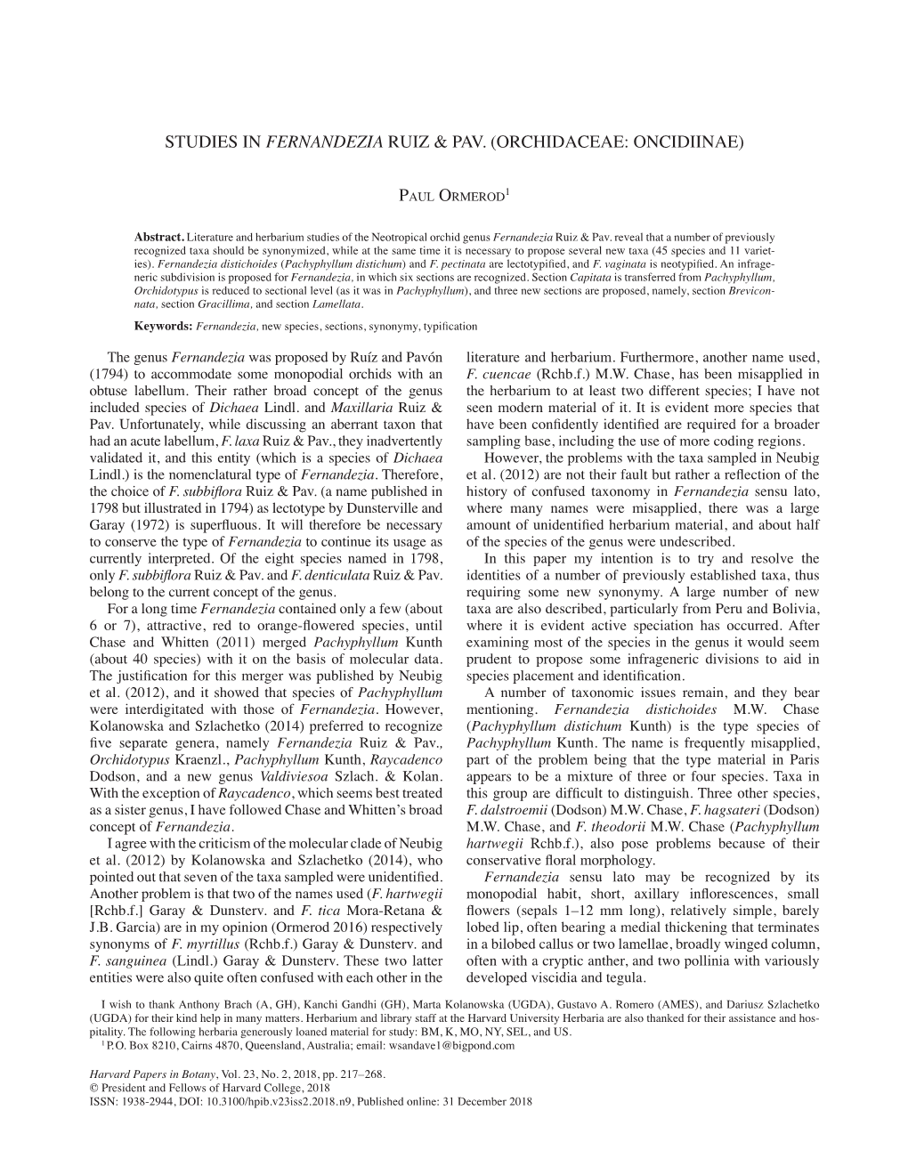 Studies in Fernandezia Ruiz & Pav. (Orchidaceae: Oncidiinae)