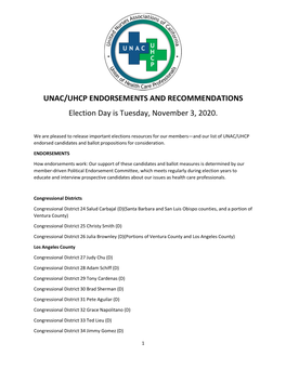 UNAC/UHCP ENDORSEMENTS and RECOMMENDATIONS Election Day Is Tuesday, November 3, 2020