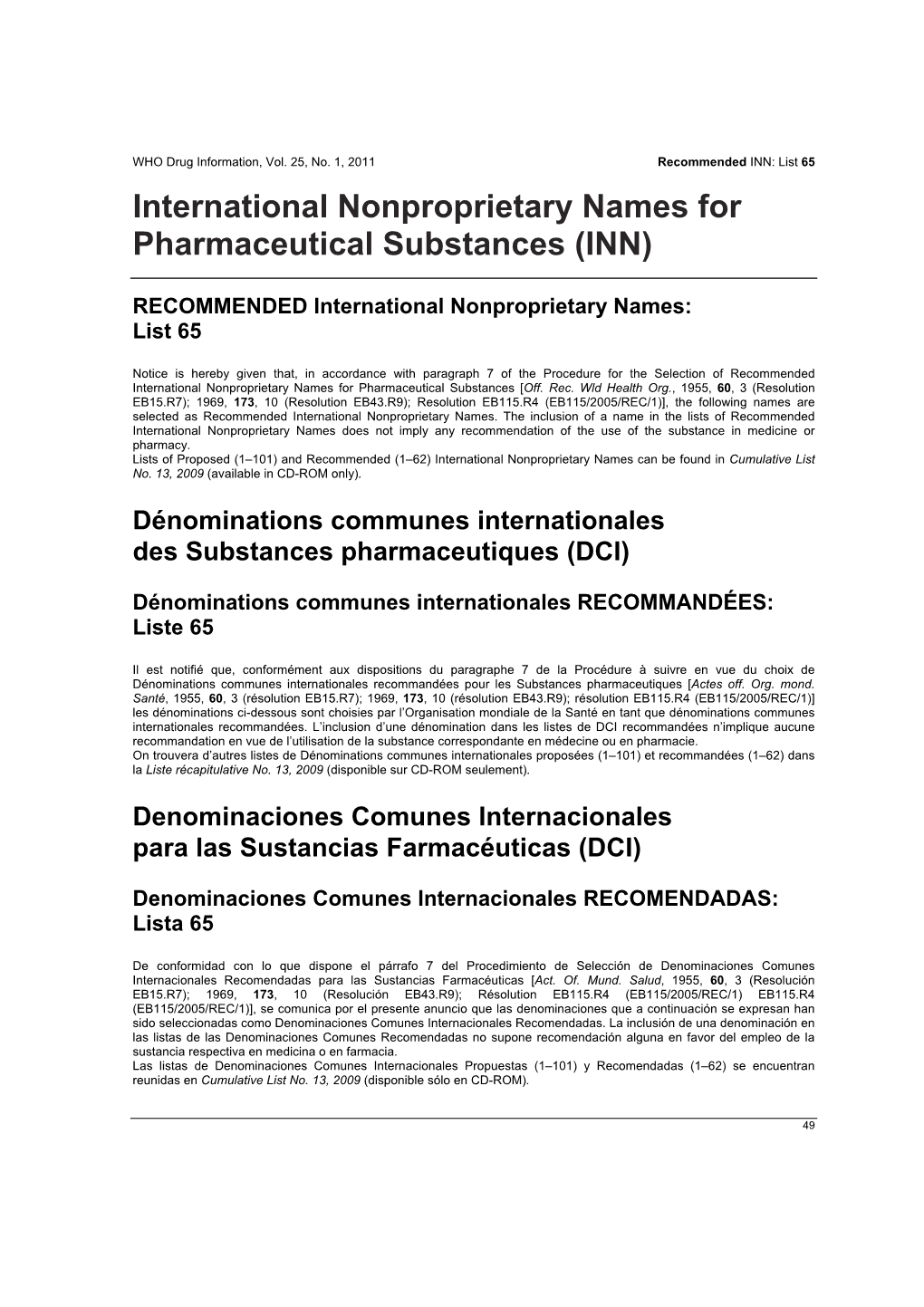 International Nonproprietary Names for Pharmaceutical Substances (INN)