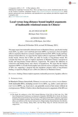 Local Versus Long-Distance Bound Implicit Arguments of Inalienable Relational Nouns in Chinese1