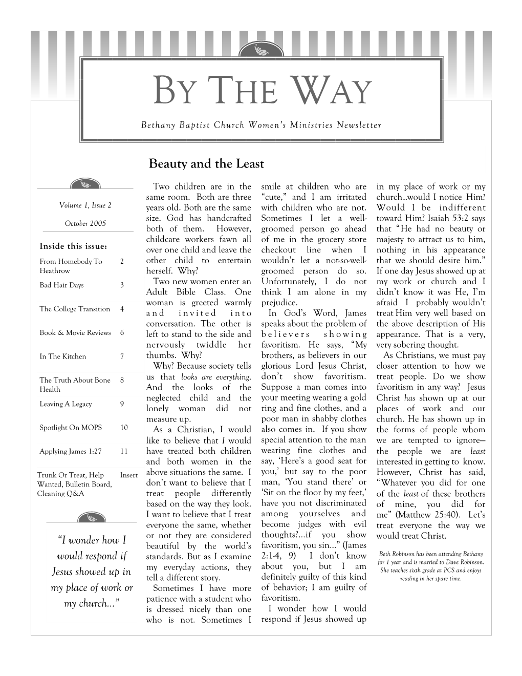 BY the WAY Bethany Baptist Church Women’S Ministries Newsletter