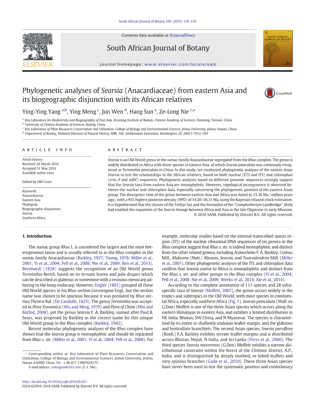 Phylogenetic Analyses of Searsia (Anacardiaceae) from Eastern Asia and Its Biogeographic Disjunction with Its African Relatives