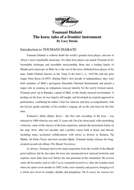 Toumani Diabaté the Kora: Tales of a Frontier Instrument by Lucy Durán