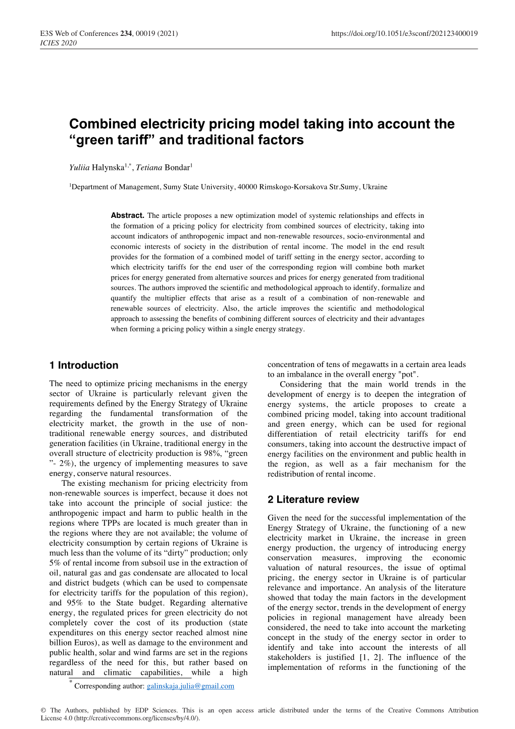 Combined Electricity Pricing Model Taking Into Account the “Green Tariff” and Traditional Factors