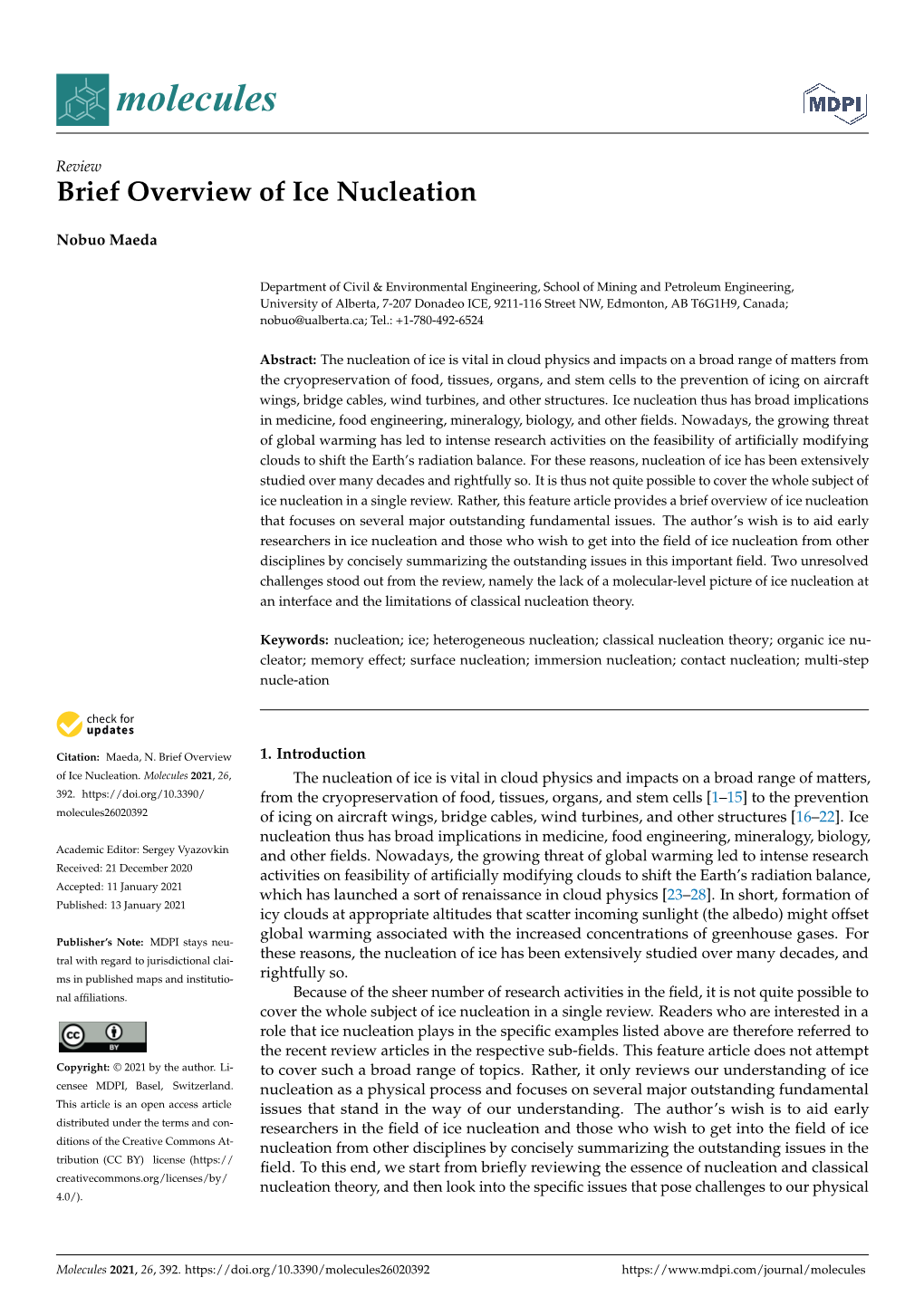 Brief Overview of Ice Nucleation