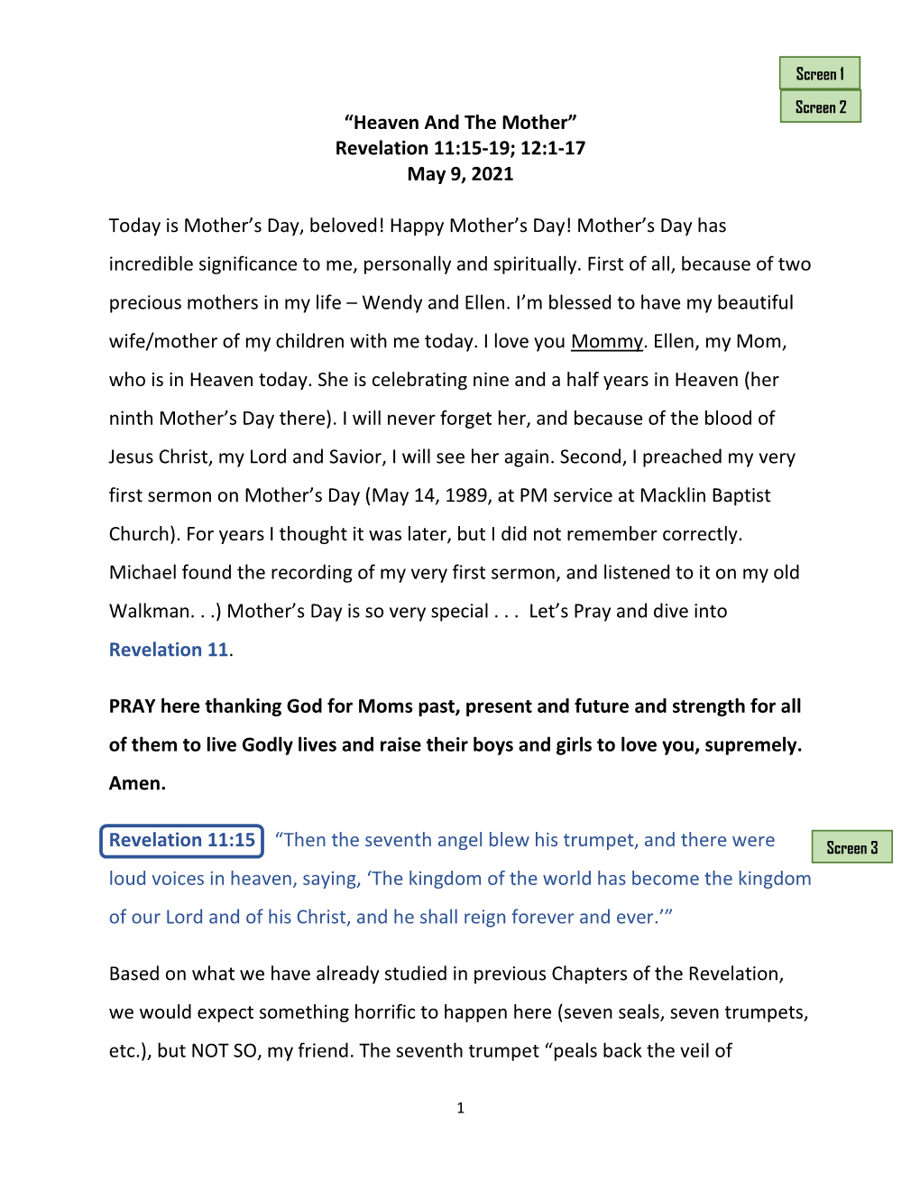 “Heaven and the Mother” Revelation 11:15-19; 12:1-17 May 9, 2021