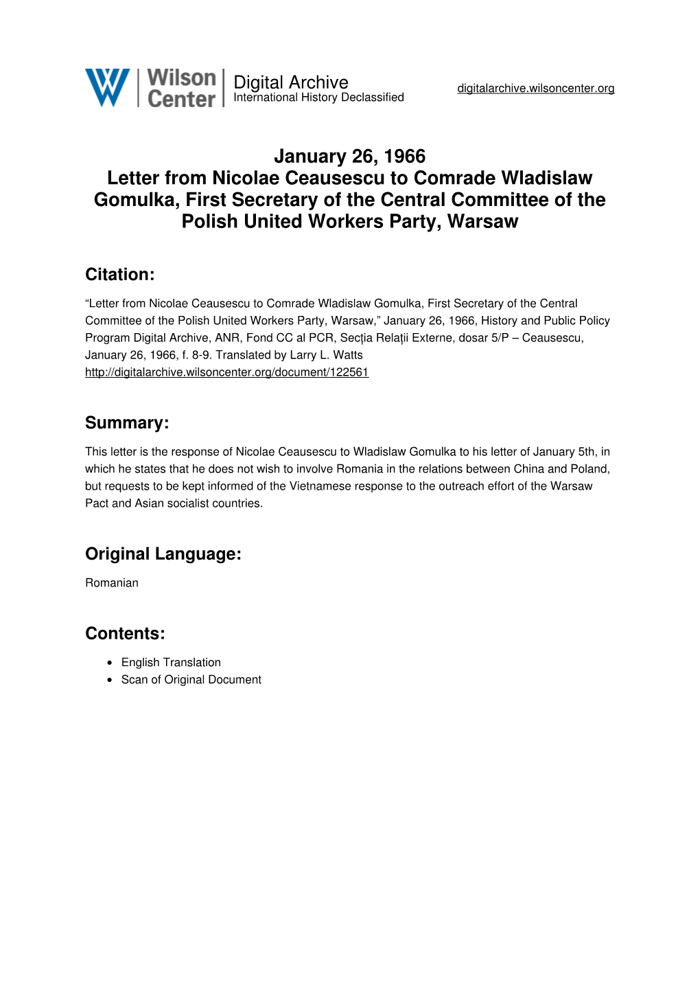 January 26, 1966 Letter from Nicolae Ceausescu to Comrade Wladislaw Gomulka, First Secretary of the Central Committee of the Polish United Workers Party, Warsaw