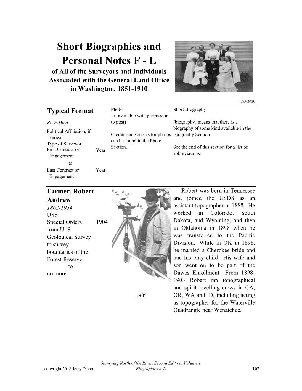 Short Biographies and Personal Notes F - L of All of the Surveyors and Individuals Associated with the General Land Office in Washington, 1851-1910