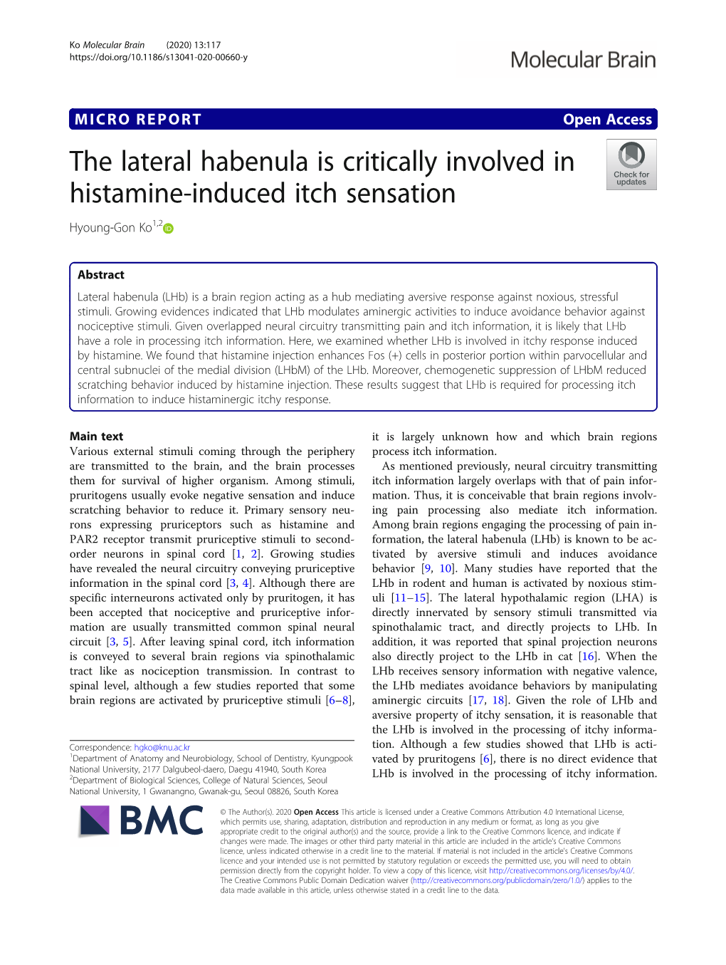 The Lateral Habenula Is Critically Involved in Histamine-Induced Itch Sensation Hyoung-Gon Ko1,2