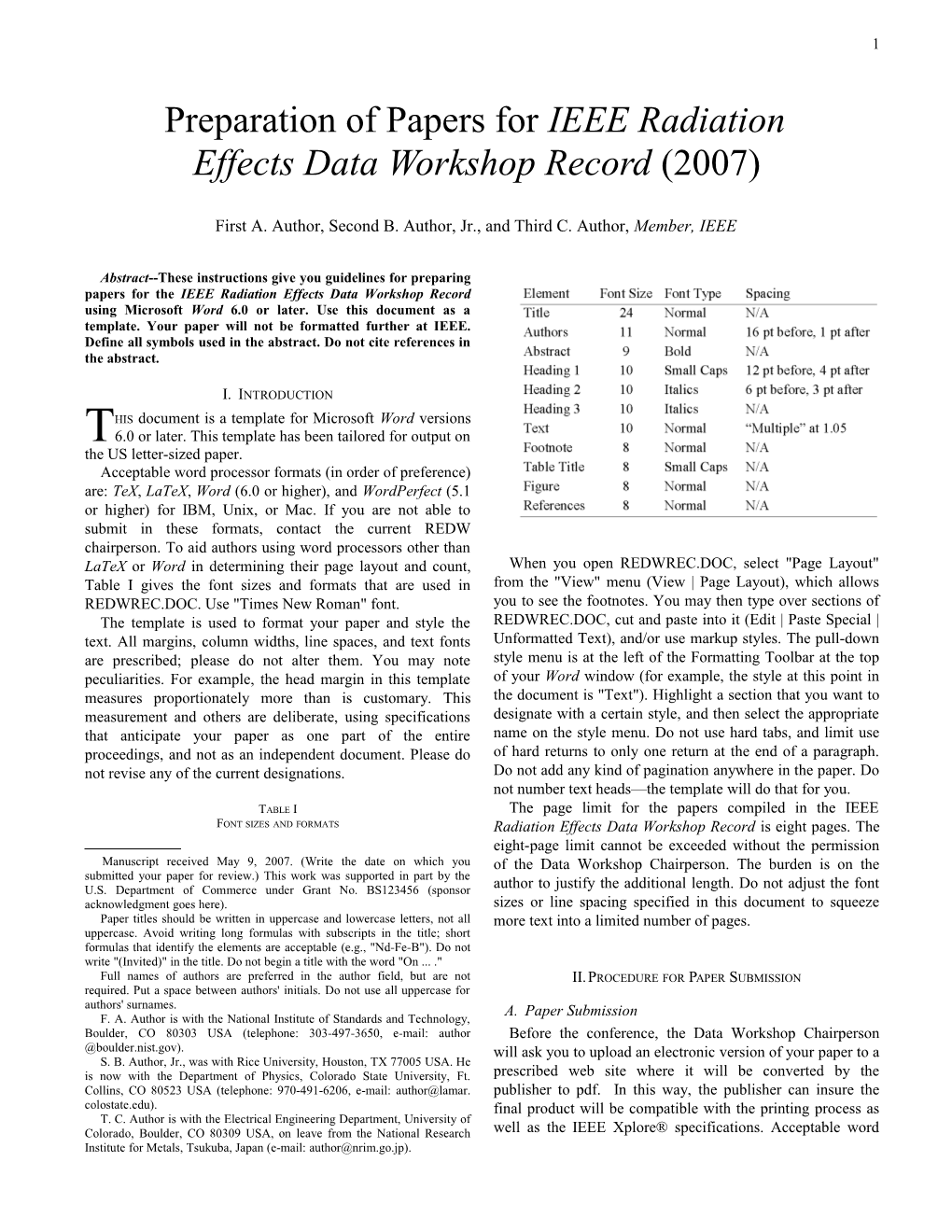 Preparation of Papers for IEEE Radiation Effects Data Workshop Record (2007)