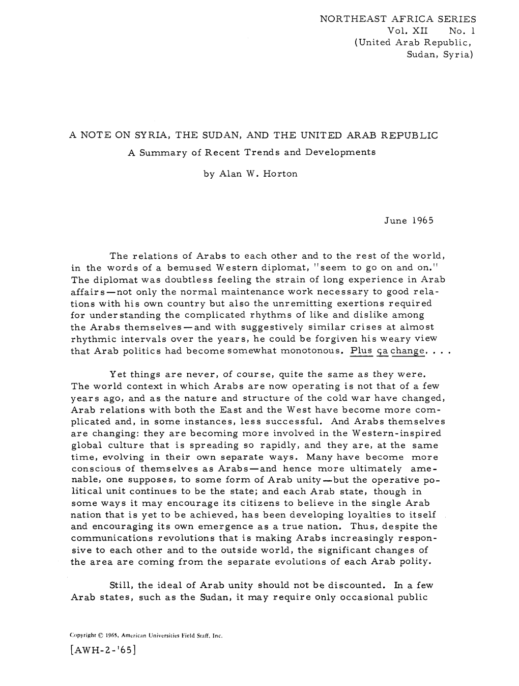 A NOTE on SYRIA, the SUDAN, and the UNITED ARAB REPUBLIC a Summary of Recent Trends and Developments