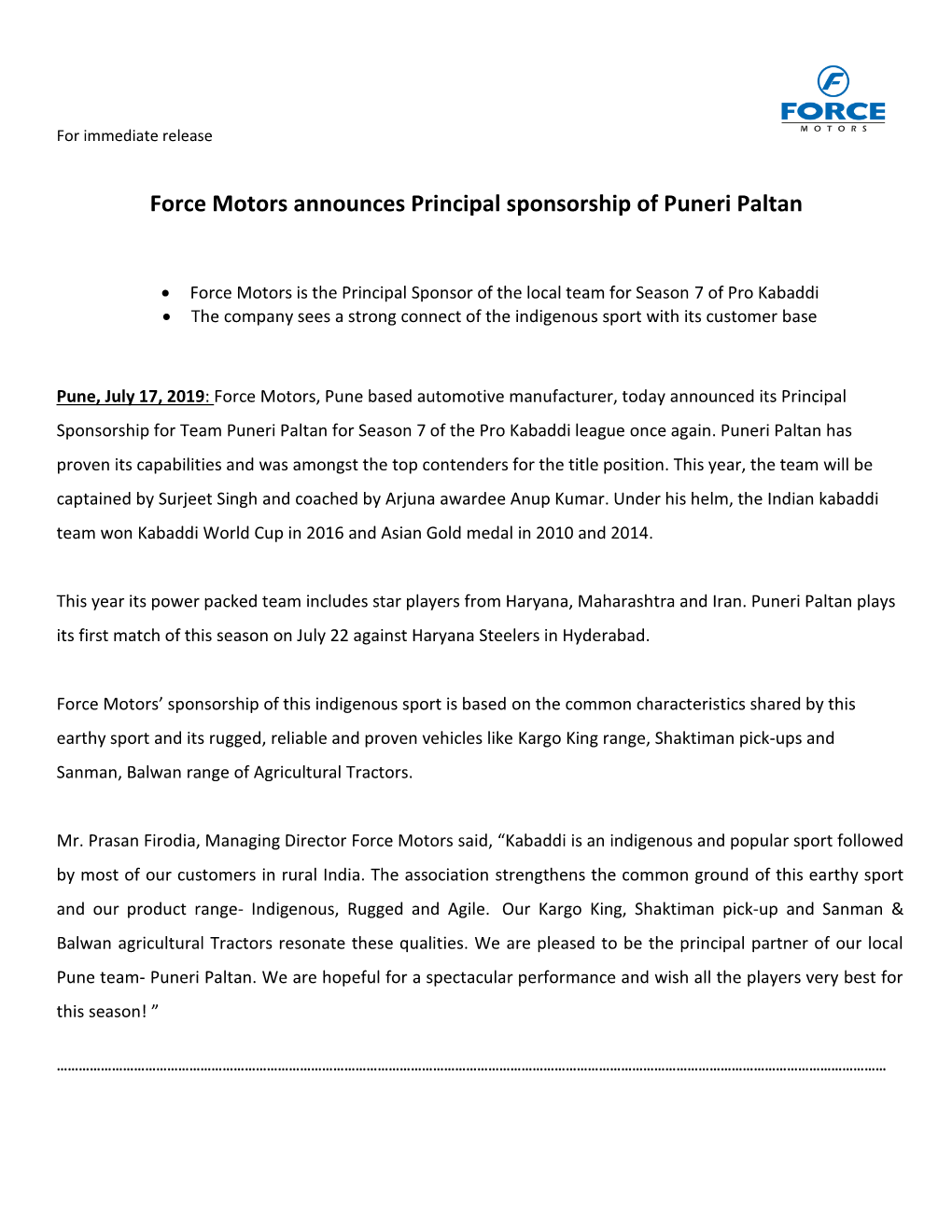Force Motors Announces Principal Sponsorship of Puneri Paltan