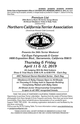 2019 Northern California Terrier Association Premium List