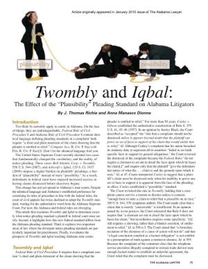 Twombly and Iqbal: the Effect of the “Plausibility” Pleading Standard on Alabama Litigators by J