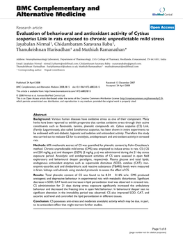 Evaluation of Behavioural and Antioxidant Activity of Cytisus