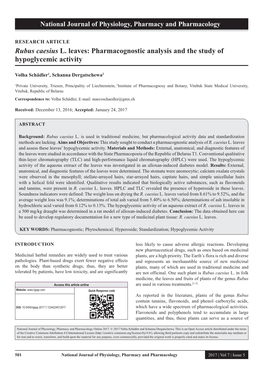 Rubus Caesius L. Leaves: Pharmacognostic Analysis and the Study of Hypoglycemic Activity