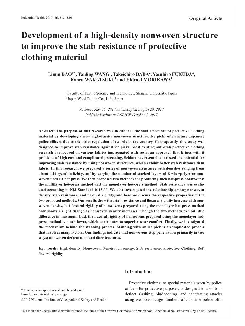 Development of a High-Density Nonwoven Structure to Improve the Stab Resistance of Protective Clothing Material