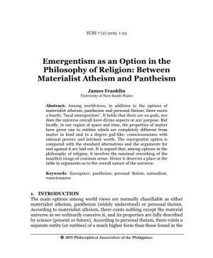Emergentism As an Option in the Philosophy of Religion: Between Materialist Atheism and Pantheism